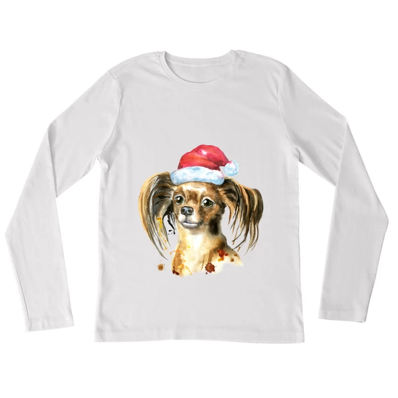 Chien avec chapeau de Noël en aquarelle Femme Manches Longues T-Shirt
