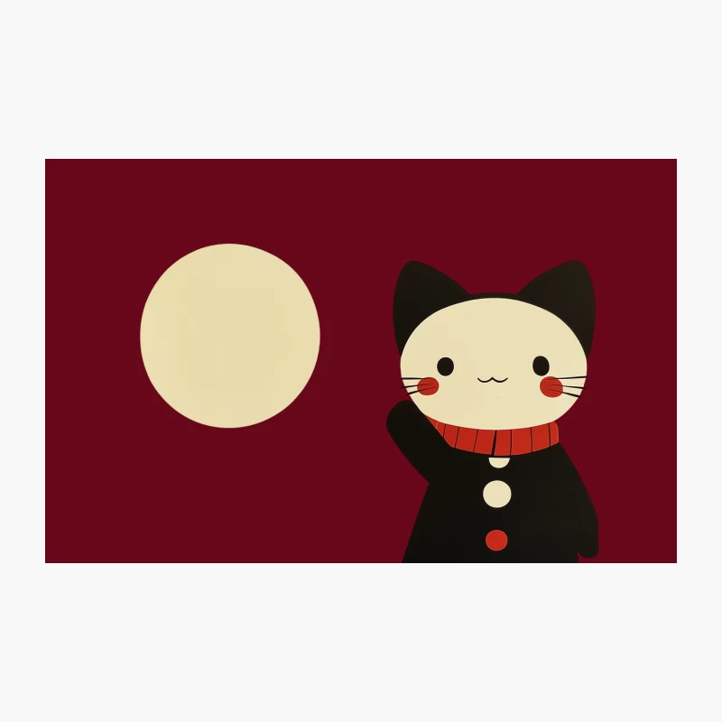 Adorable Black Cat with Red Scarf Under the Moon: A Kawaii Minimalist Illustration Travel Mug
