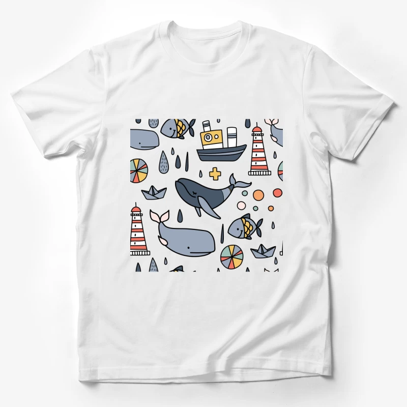 Scène marine ludique avec baleines et phare Homme T-Shirt