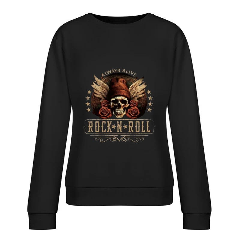 Rock and Roll Skull with Wings and Roses Female Pullover Sweatshirt
