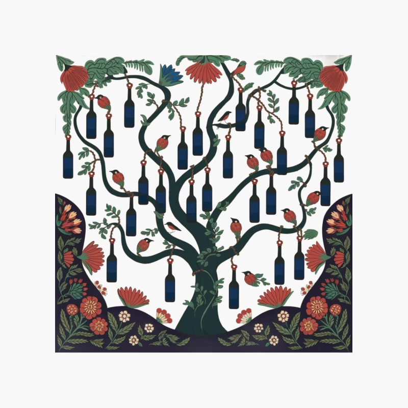 Whimsical Tree of Life with Wine Bottles and Floral Folk Art Design Cotton Tote Bag