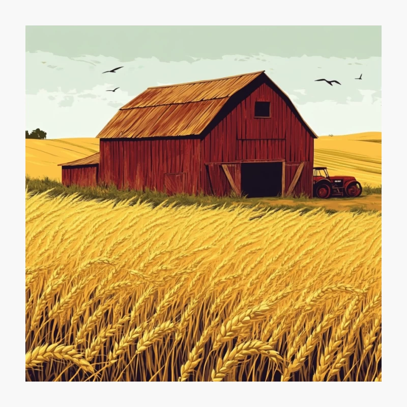 Rustic Red Barn in Golden Wheat Field: Pastoral Farm Scene Pin