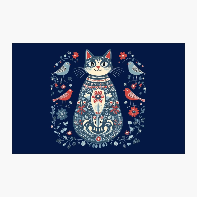 Whimsical Folk Art Cat with Floral Patterns and Birds Travel Mug