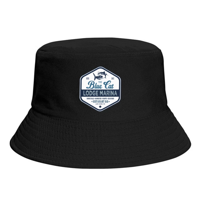 The Blue Cat Lodge Marina Restaurant and Bar - Vintage Nautical Logo Design Bucket Hat