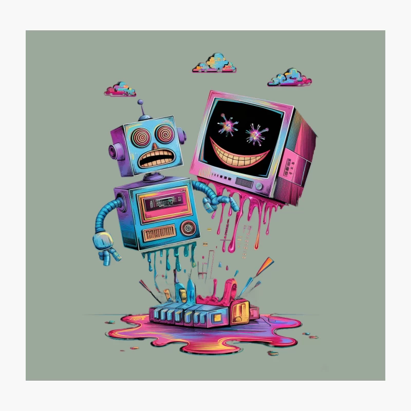 Psychedelic Robot and TV in Colorful Dripping Paint Surreal Digital Art Throw Pillow