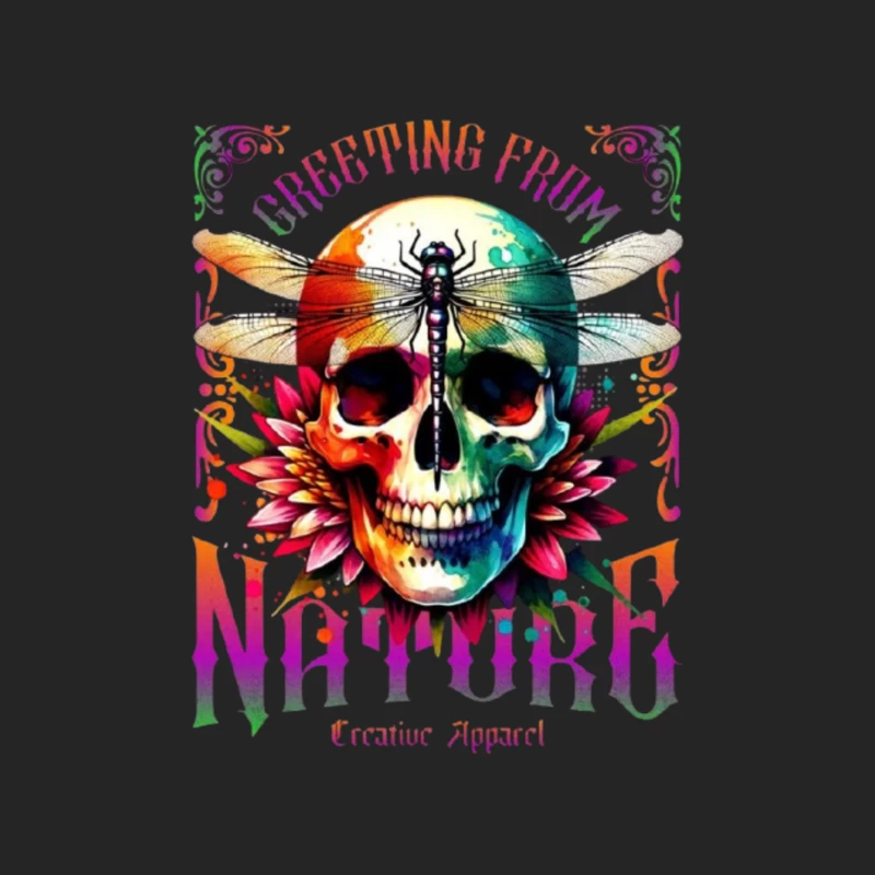 Rainbow Gothic Skull with Dragonfly and Floral Design - Nature Creative Apparel Male Pullover Sweatshirt