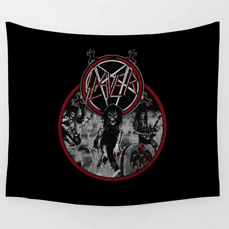 Slayer Heavy Metal Band Logo with Dark Horror-Themed Artwork Tapestry