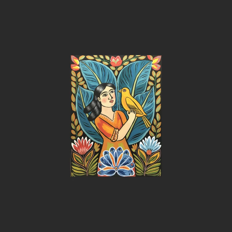 Vibrant Folk Art: Woman with Bird in Floral Setting Baseball Cap