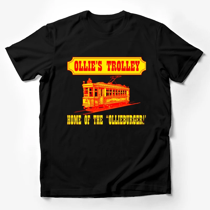 Vintage Ollie's Trolley Restaurant Logo with Classic Streetcar Design Male T-Shirt