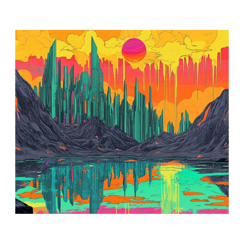 Psychedelic Neon Cityscape: Surreal Mountain Reflections at Vibrant Sunset Tapestry