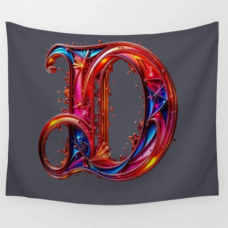 Ornate Gothic Letter D with Vibrant Red and Blue Design Tapestry