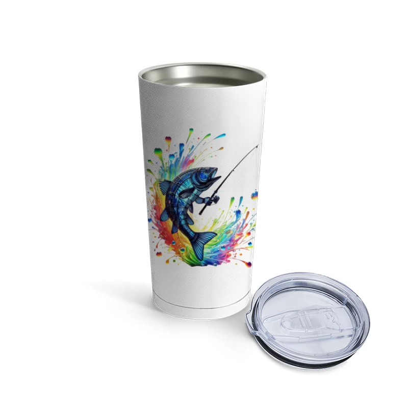 Rainbow Splatter Fish with Fishing Rod Art Travel Mug