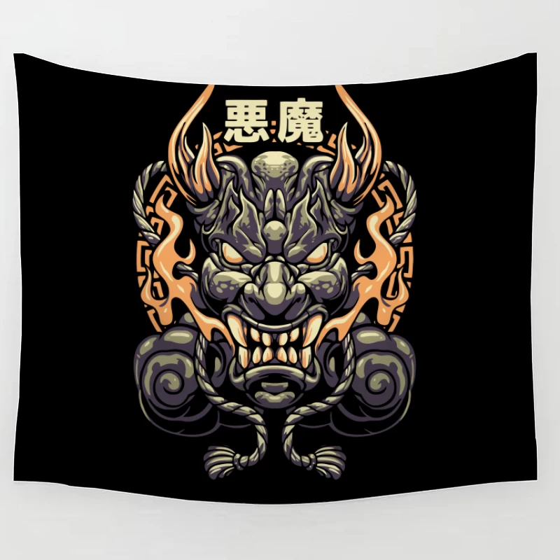 Epic Japanese Demon Mask Illustration Tapestry