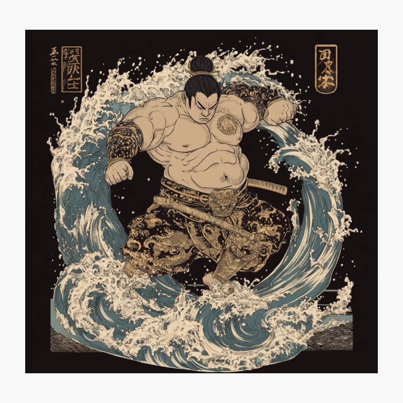 Powerful Sumo Warrior Riding the Waves in Traditional Japanese Style Throw Pillow