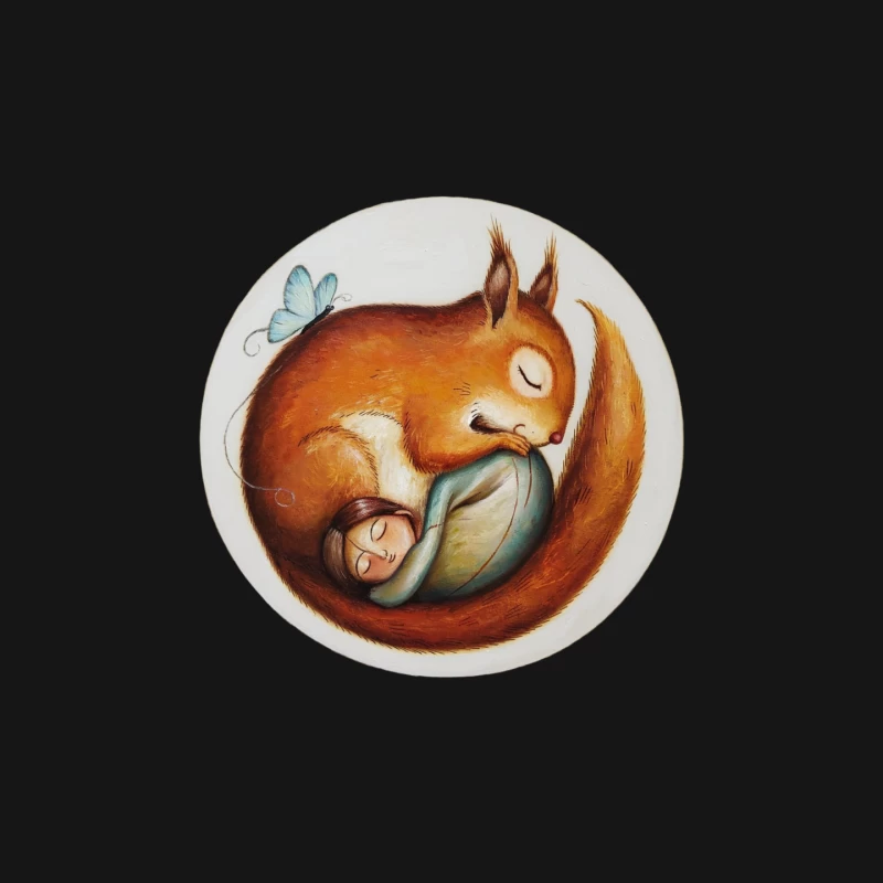 Whimsical Illustration: Nurturing Squirrel with Sleeping Baby and Butterfly Mouse Pad