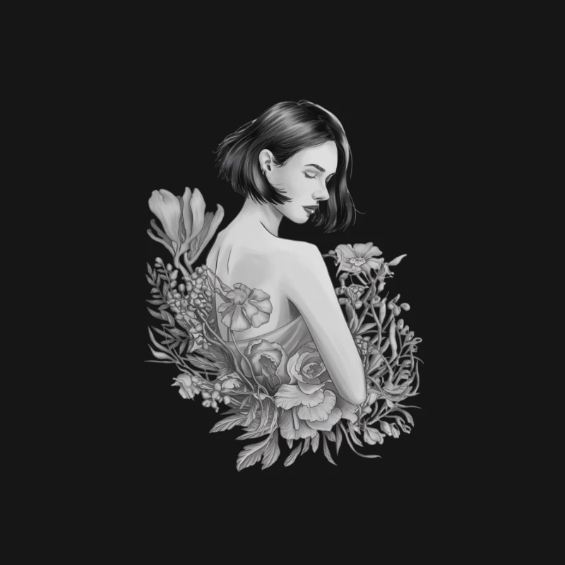 Artistic Black and White Portrait of Woman with Floral Elements Mouse Pad