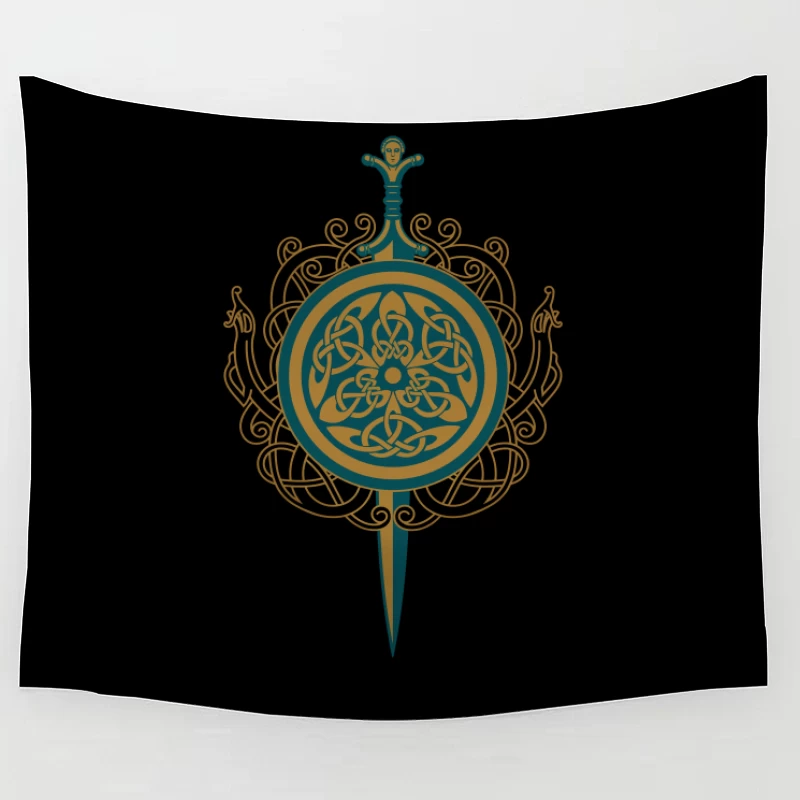 Intricate Celtic Knot Shield and Sword Design Tapestry