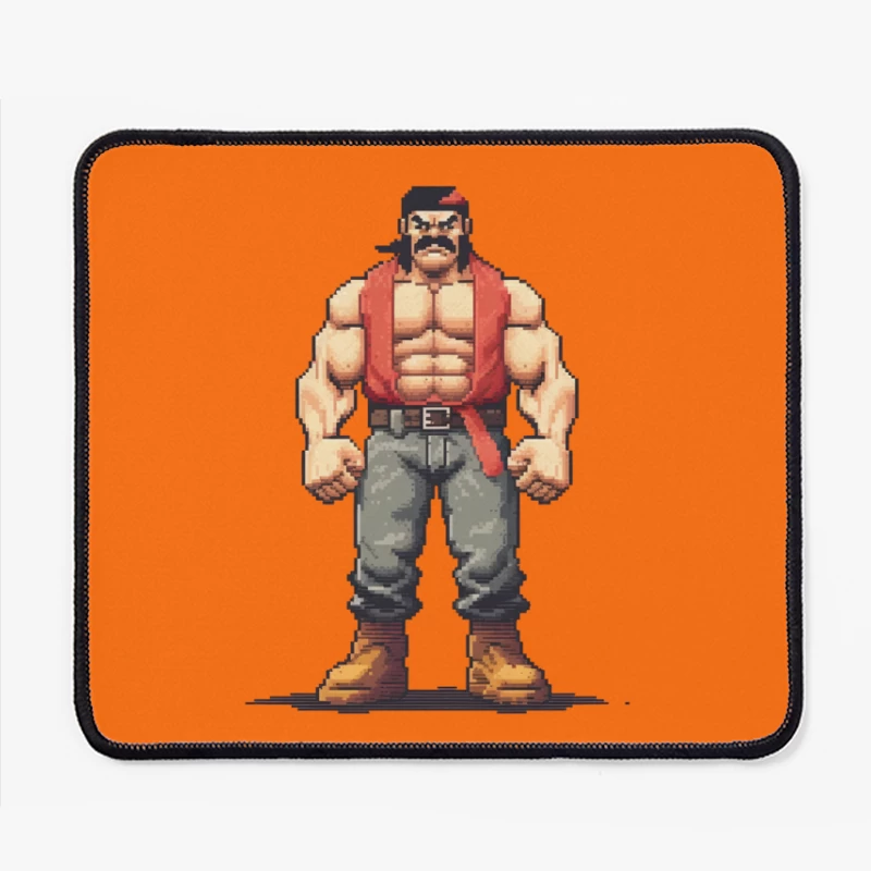 Retro Pixel Art Muscular Fighter in Red Vest Mouse Pad