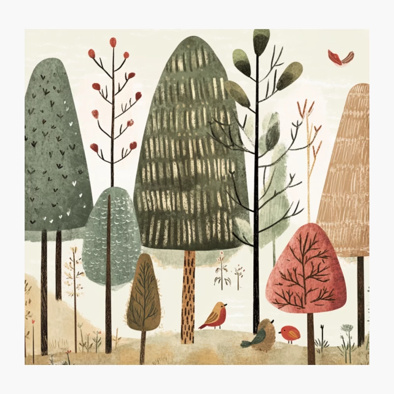 Whimsical Autumn Forest Illustration with Stylized Trees and Birds Throw Pillow