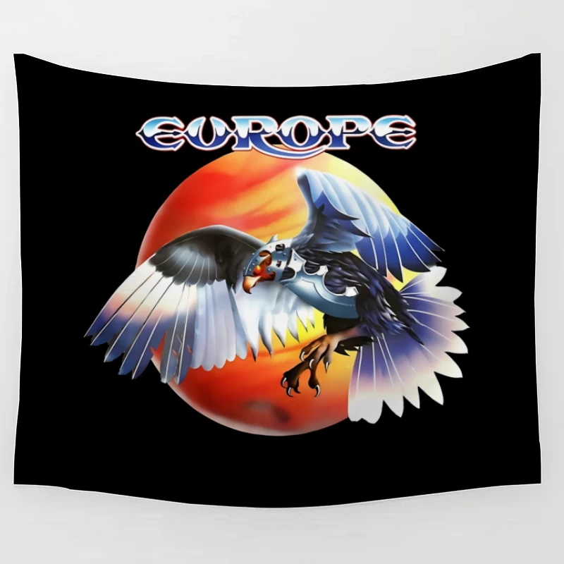 Europe Band Logo with Majestic Eagle Against Sunset Tapestry