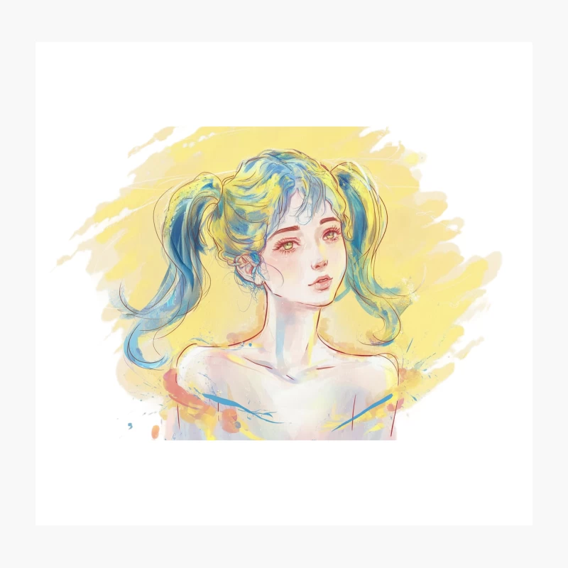 Vibrant Watercolor Portrait of Anime Girl with Colorful Pigtails Throw Pillow