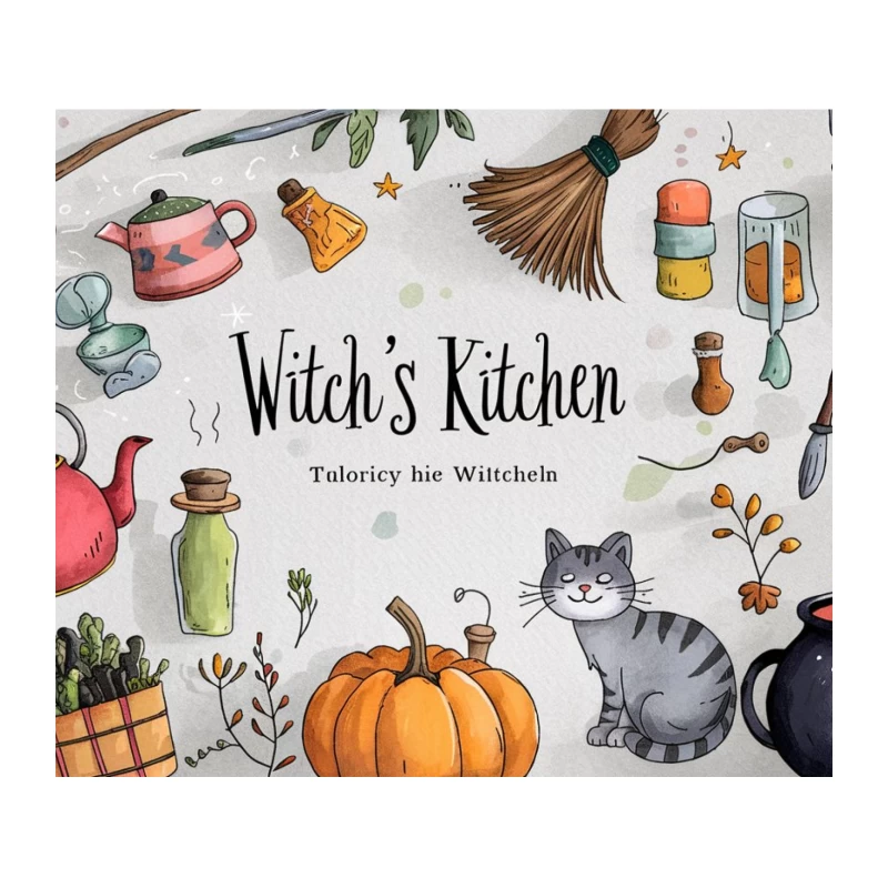 Enchanted Witch's Kitchen: Magical Objects and Feline Companion Tapestry