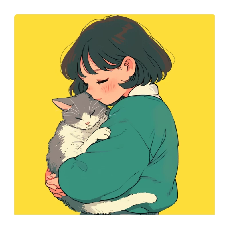 Gentle Embrace: Girl in Green Cuddling Gray Cat Pin