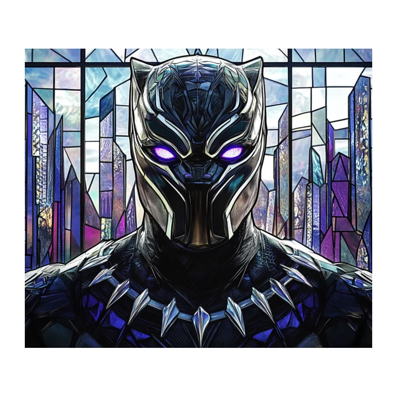 Black Panther Superhero in Stained Glass Wakandan Style Tapestry