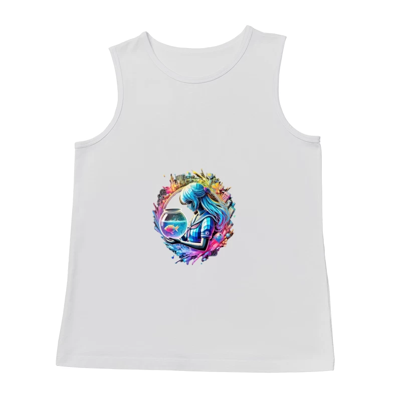 Dreamy Anime-Style Portrait with Goldfish and Urban Fantasy Background Male Tank Top