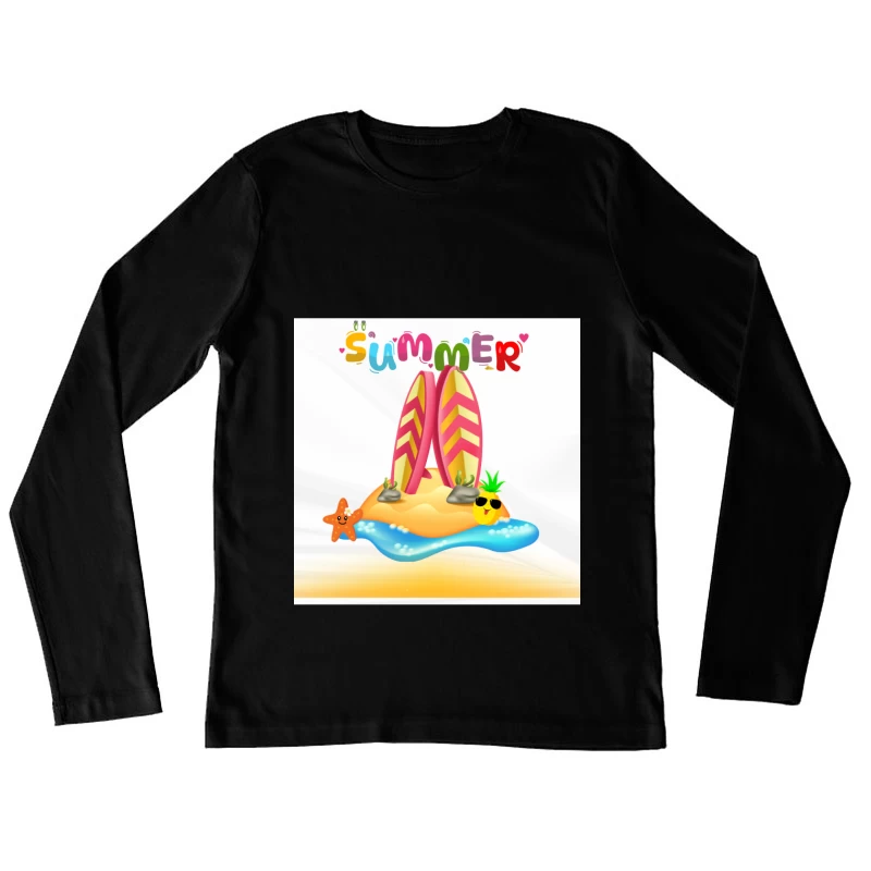 Tropical Surfboard on Island with Palm Trees Female Long Sleeve T-Shirt