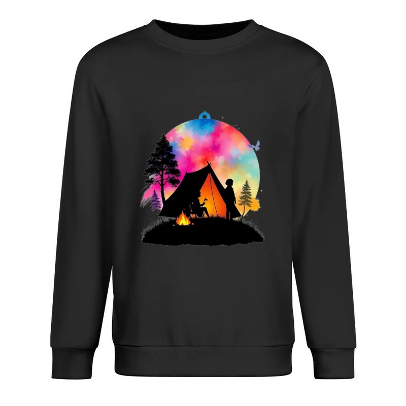 Magical Camping Night Under Colorful Aurora Sky Male Pullover Sweatshirt