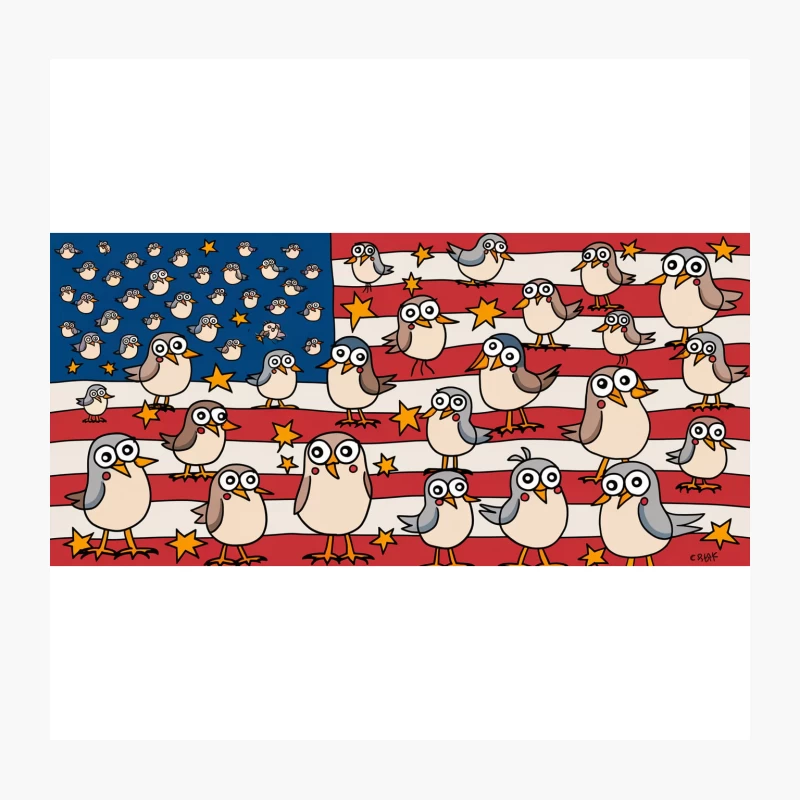 Whimsical Cartoon Birds on American Flag Throw Pillow