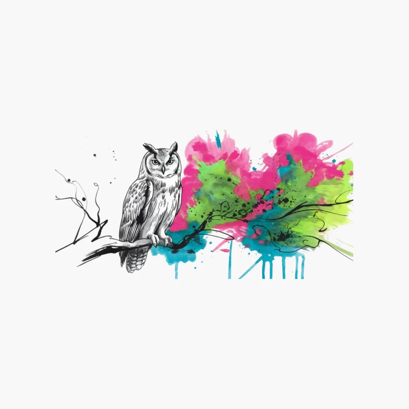 Monochrome Owl Meets Vibrant Watercolor Splash Cotton Tote Bag
