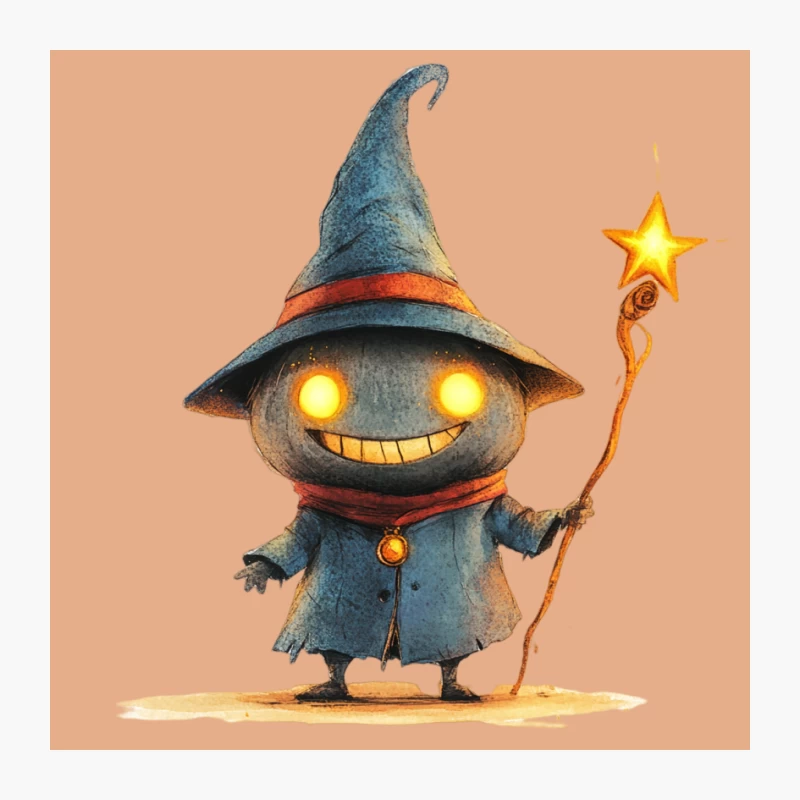 Cute Cartoon Wizard with Glowing Eyes and Star Staff Pin