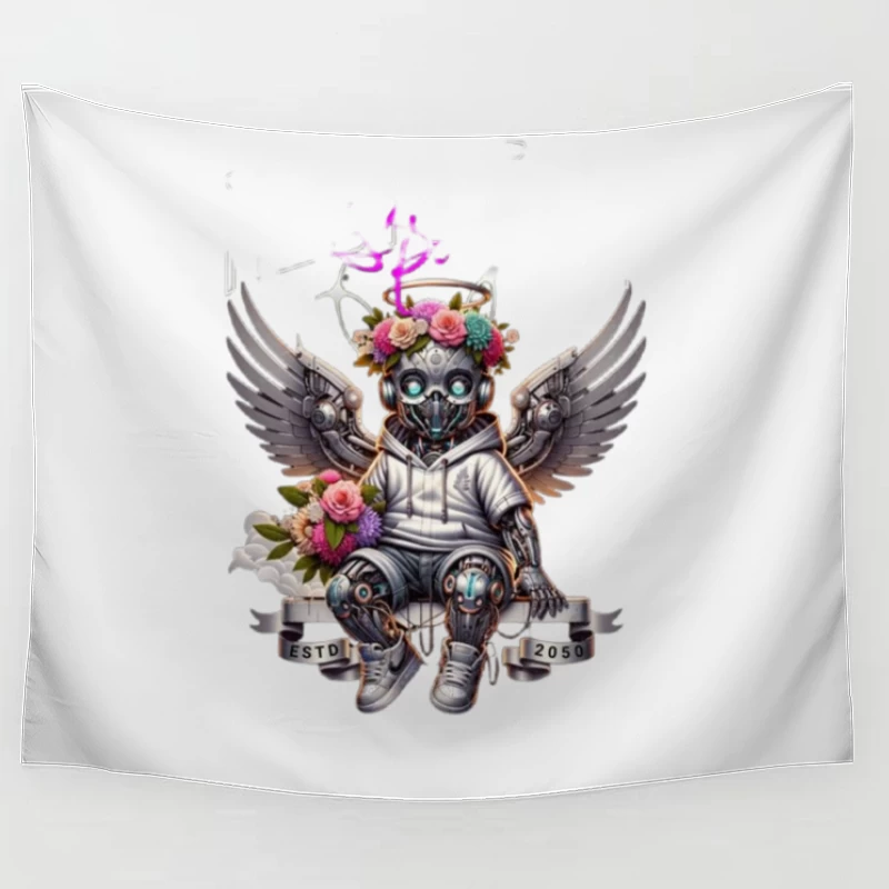 Angelic Steampunk Robot with Floral Crown and Wings Tapestry