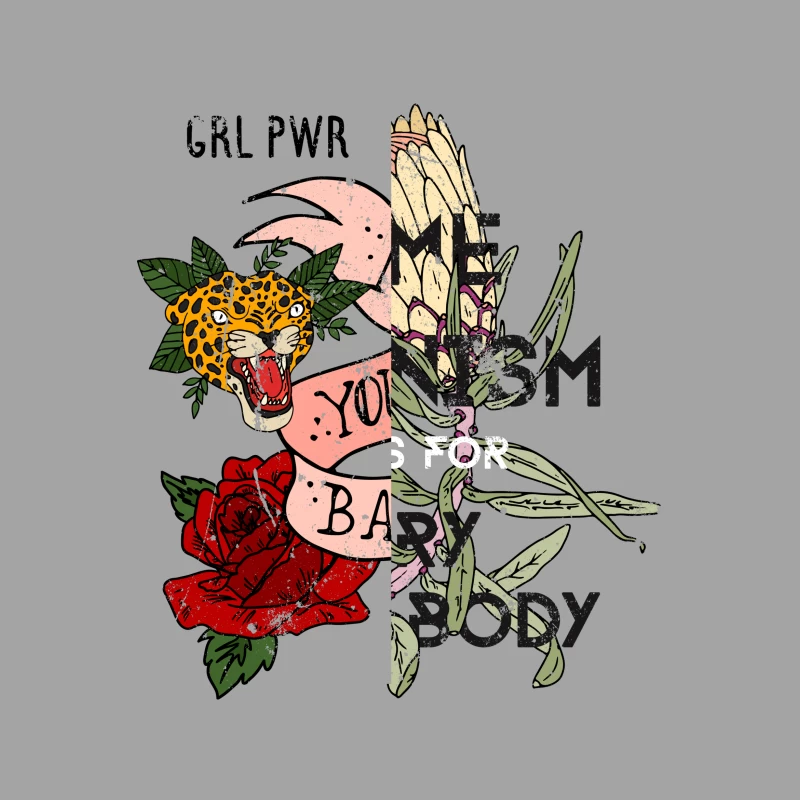 Tatouage Animal et Botanique avec Texte Femme T-Shirt