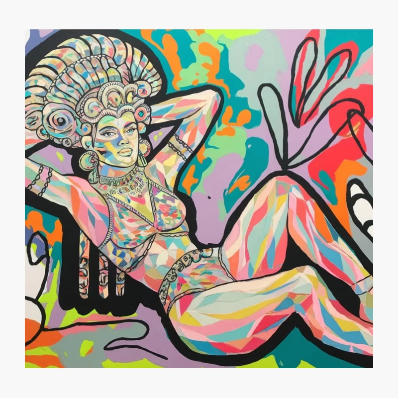 Vibrant Pop Art: Colorful Female Figure in Abstract Surreal Landscape Throw Pillow