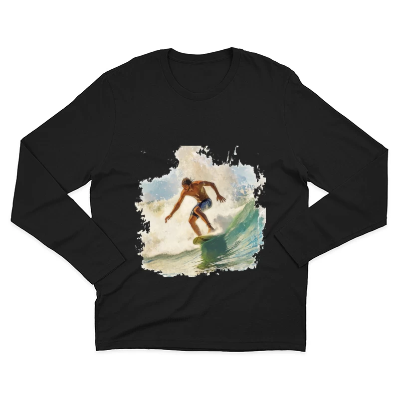 Dynamic Watercolor Surfer Riding Turquoise Wave Male Long Sleeve T-Shirt