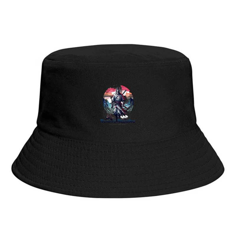 Lone Ronin's Resolve Against Mountain Sunset Bucket Hat