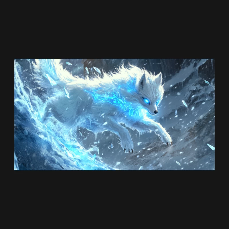 Mystical Arctic Fox Wielding Ice Magic in Snowy Mountain Realm Desk Mat