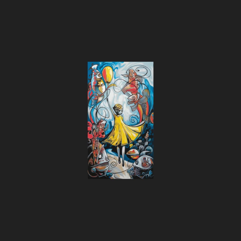 Whimsical Surrealist Scene with Yellow-Dressed Figure and Abstract Shapes Bucket Hat