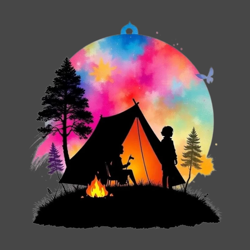 Magical Camping Night Under Colorful Aurora Sky Throw Pillow