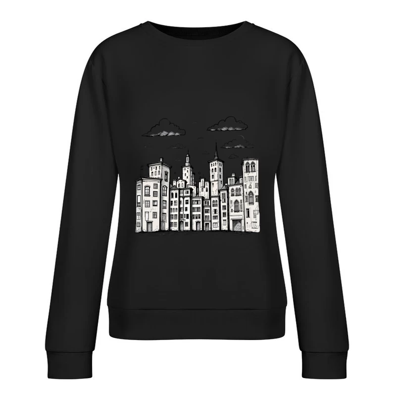 Stylized Black and White Cityscape Illustration Female Pullover Sweatshirt