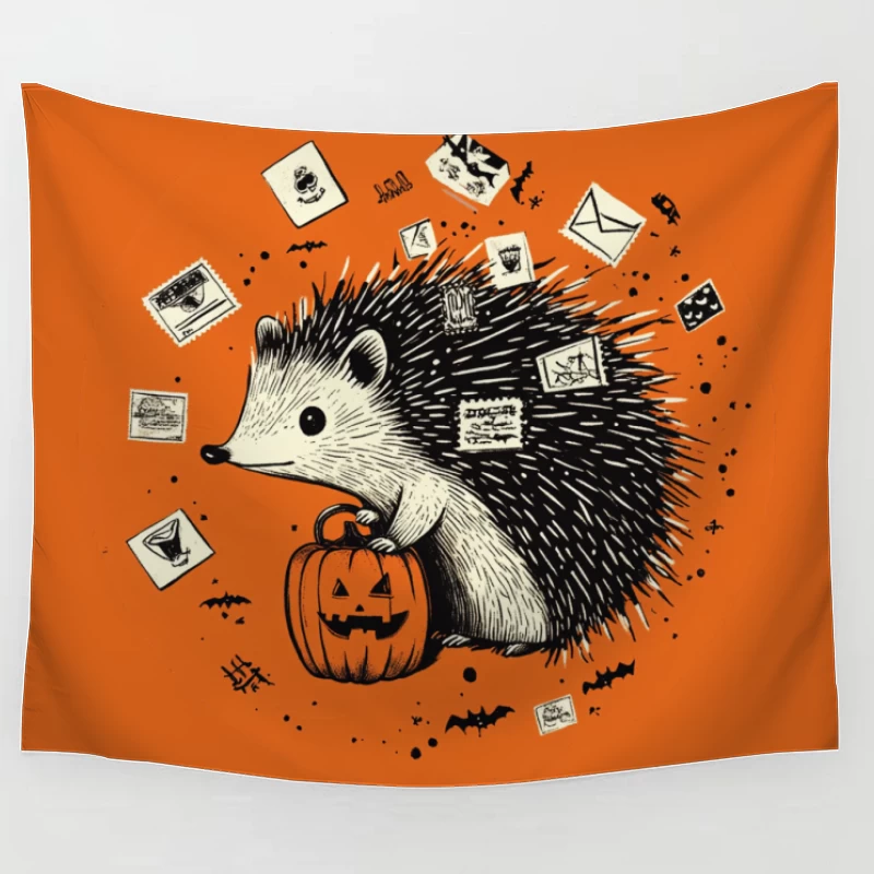 Whimsical Halloween Hedgehog with Pumpkin and Postage Stamps Tapestry