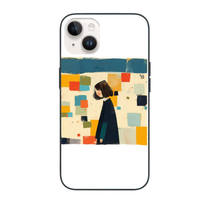 Minimalist Illustration of Figure in Black Coat Against Colorful Abstract Squares iPhone Case