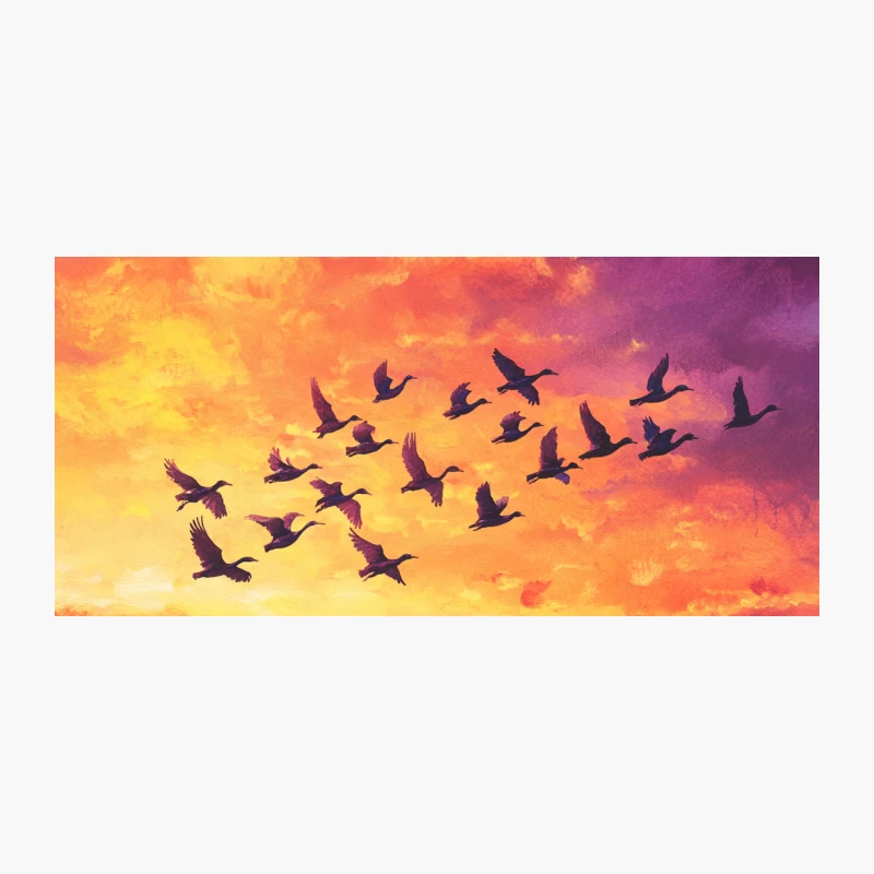 Flock of Birds Silhouetted Against Vibrant Sunset Sky Coffee Mug