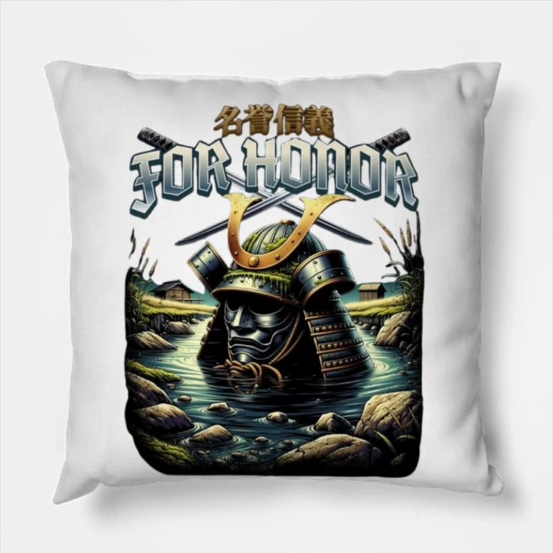 Japanese Samurai Helmet Emerging from Water - Artistic Illustration Throw Pillow