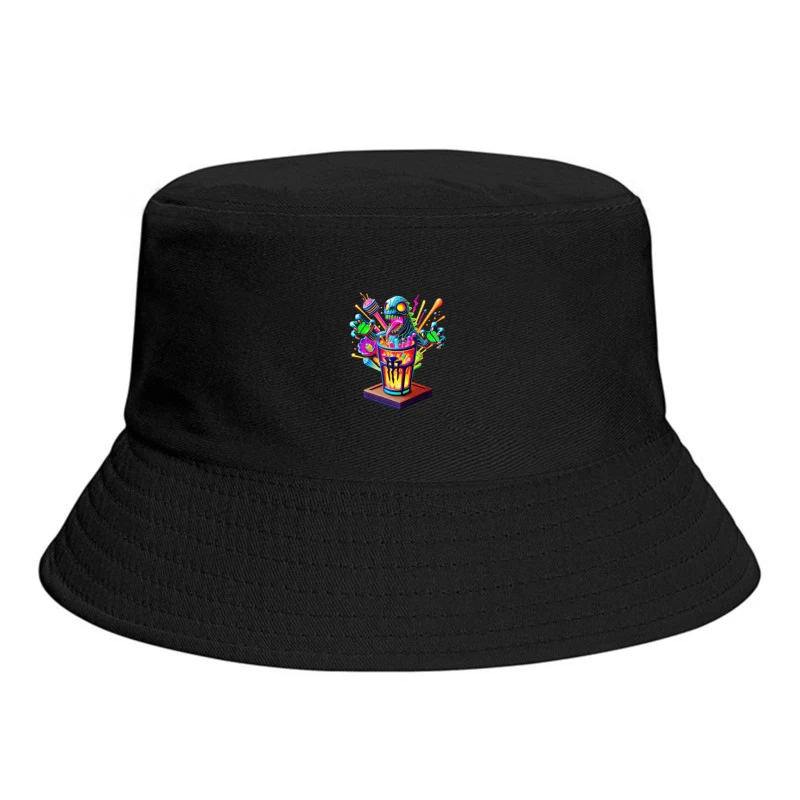 Psychedelic Monster Bursting from Colorful Drink Cup Bucket Hat