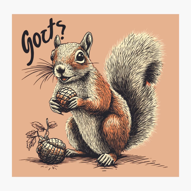 Artistic Squirrel Illustration with Pinecone and Text Throw Pillow