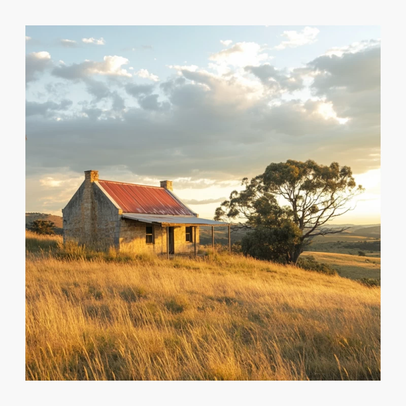 Rustic Cottage in Golden Australian Outback at Sunset Pin